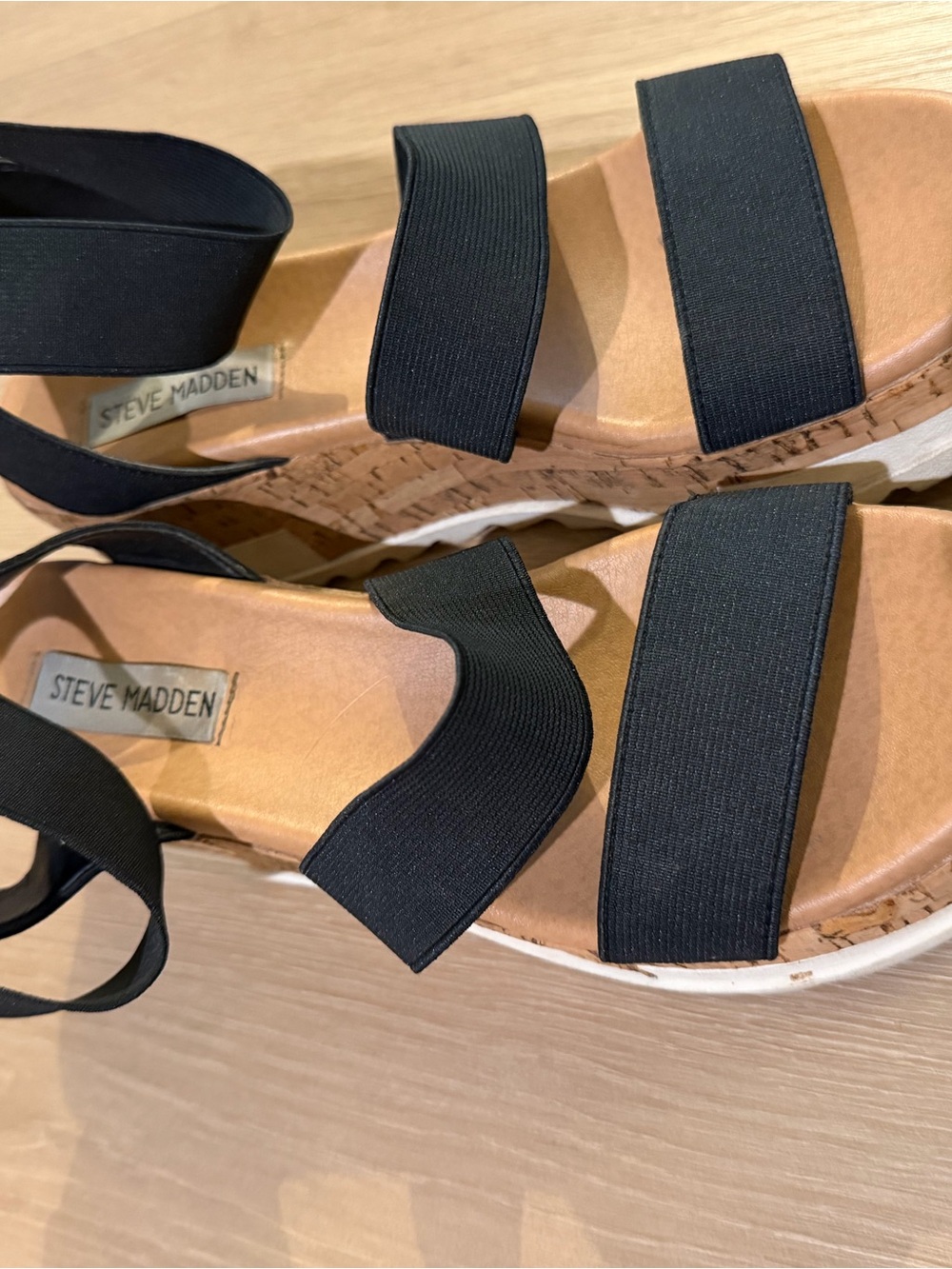 Steve Madden Black Elastic Strap Cork Wedge Sandals